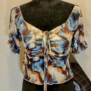 Almost Famous Blue and Brown Ruched Ruffled Blouse